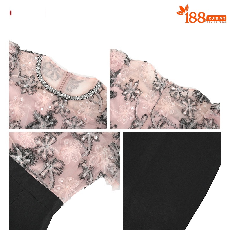 Đầm sequin thiết kế eo giả hai mảnh kiểu Pháp — Màu hồng đen chi tiết 3