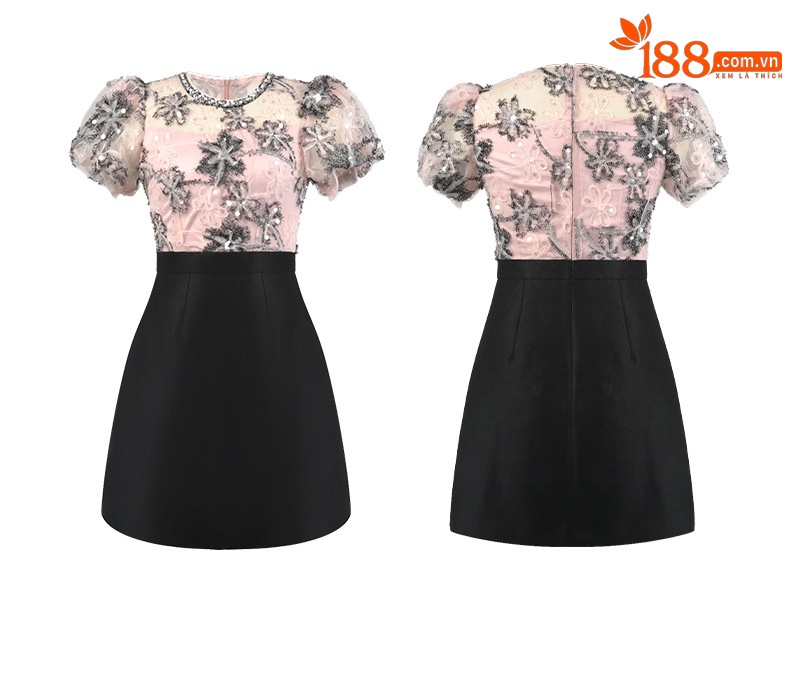 Đầm sequin thiết kế eo giả hai mảnh kiểu Pháp — Màu hồng đen chi tiết 4