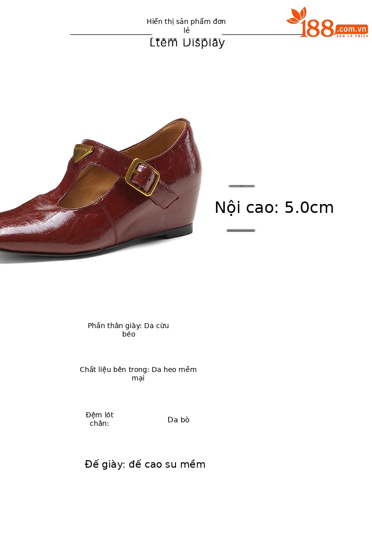 Giày Mary Jane nữ mũi vuông quai chữ T gót thấp 5 cm phong cách cổ điển — Rượu vang đỏ chi tiết 5