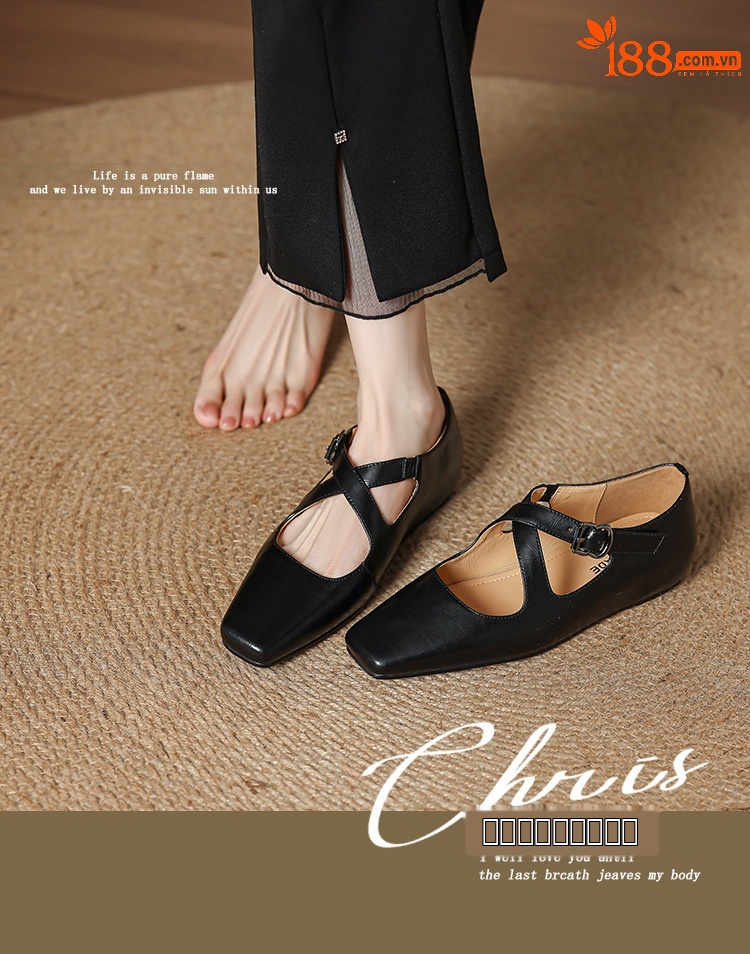 Giày Mary Jane quai chéo mũi vuông gót xuồng kiểu Pháp đế mềm da mềm — Màu nâu, Màu đen, Màu trắng be chi tiết 2