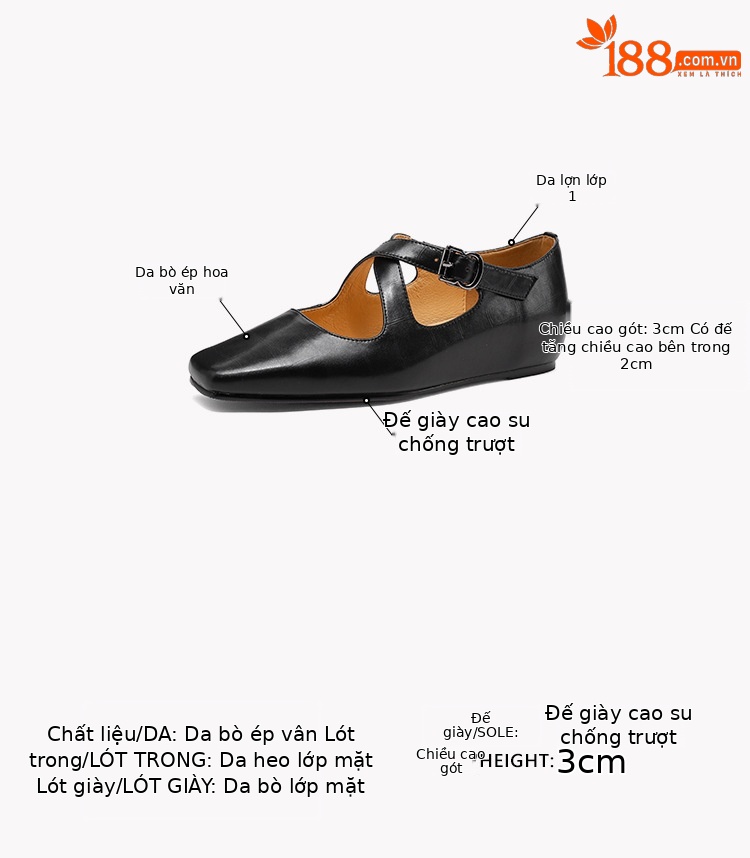 Giày Mary Jane quai chéo mũi vuông gót xuồng kiểu Pháp đế mềm da mềm — Màu nâu, Màu đen, Màu trắng be chi tiết 3