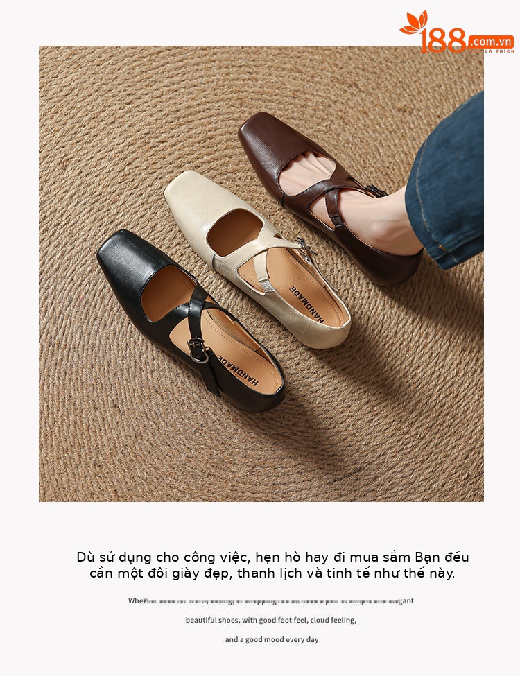 Giày Mary Jane quai chéo mũi vuông gót xuồng kiểu Pháp đế mềm da mềm — Màu nâu, Màu đen, Màu trắng be chi tiết 5