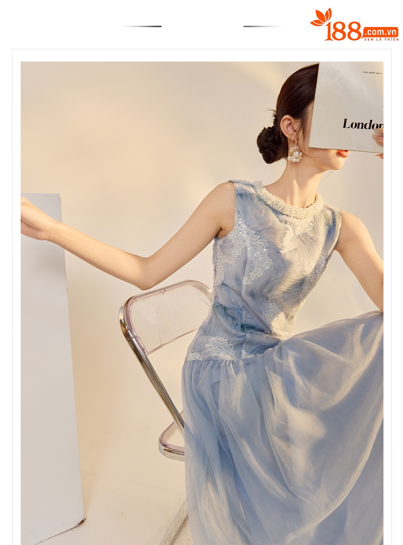 Đầm maxi không tay cao cấp — Màu xanh da trời chi tiết 1