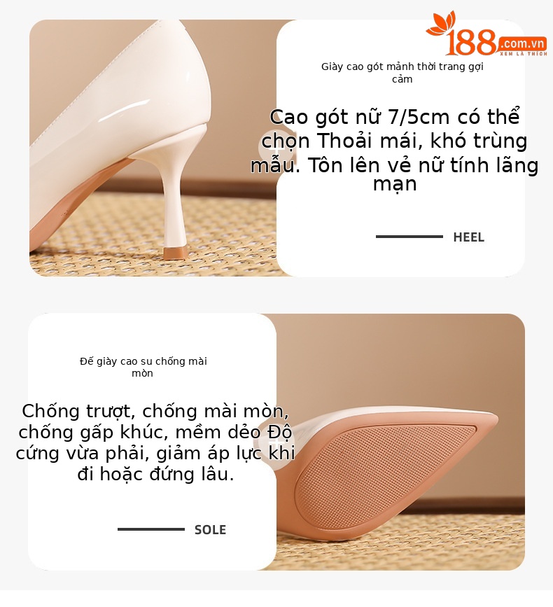 Giày cao gót nữ mũi nhọn gót nhọn 5 cm phong cách Hàn Quốc — Trắng be 5cm chi tiết 2