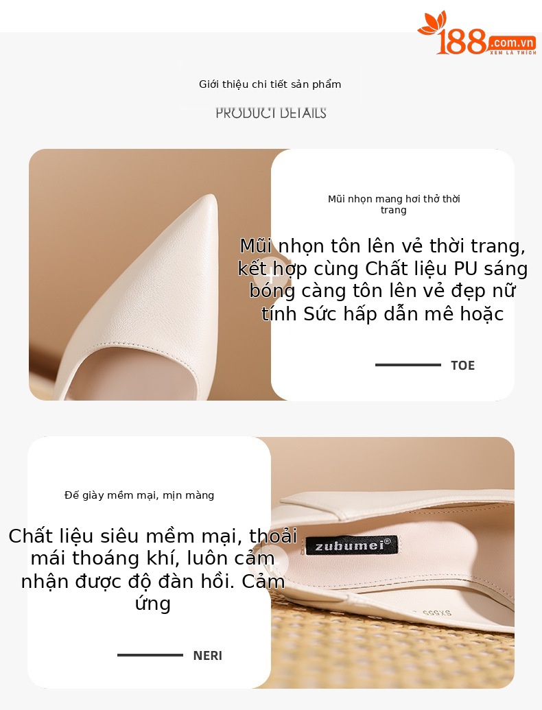 Giày cao gót mũi nhọn miệng nông gót dày phong cách Hàn Quốc da mềm — Màu đen chi tiết 1