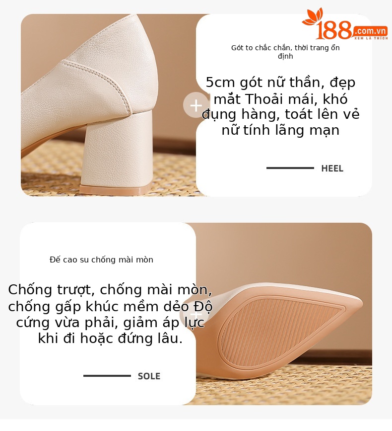 Giày cao gót mũi nhọn miệng nông gót dày phong cách Hàn Quốc da mềm — Màu đen chi tiết 2