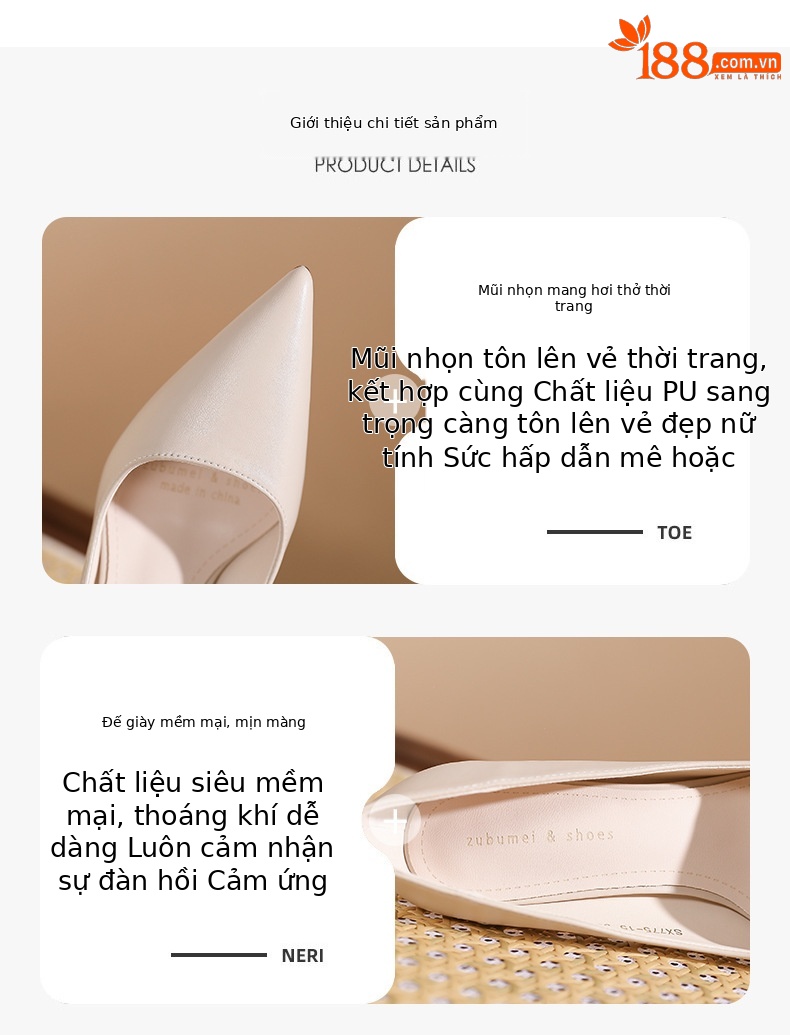 Giày cao gót mũi nhọn kiểu Pháp gót nhọn 5 cm, thiết kế một lớp thanh lịch — Trắng be 5cm chi tiết 1