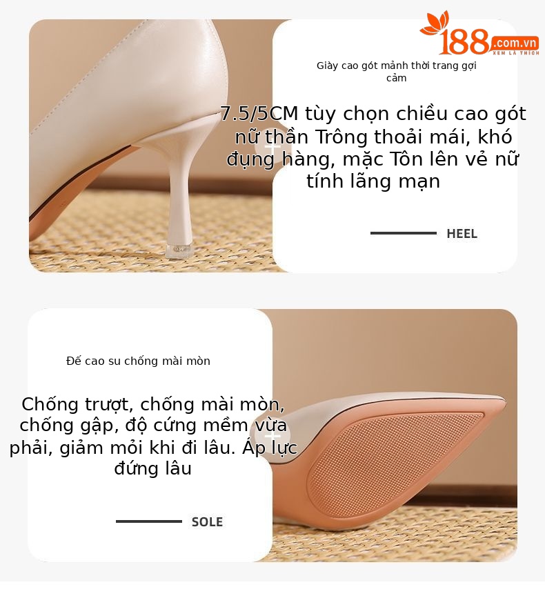 Giày cao gót mũi nhọn kiểu Pháp gót nhọn 5 cm, thiết kế một lớp thanh lịch — Trắng be 5cm chi tiết 2