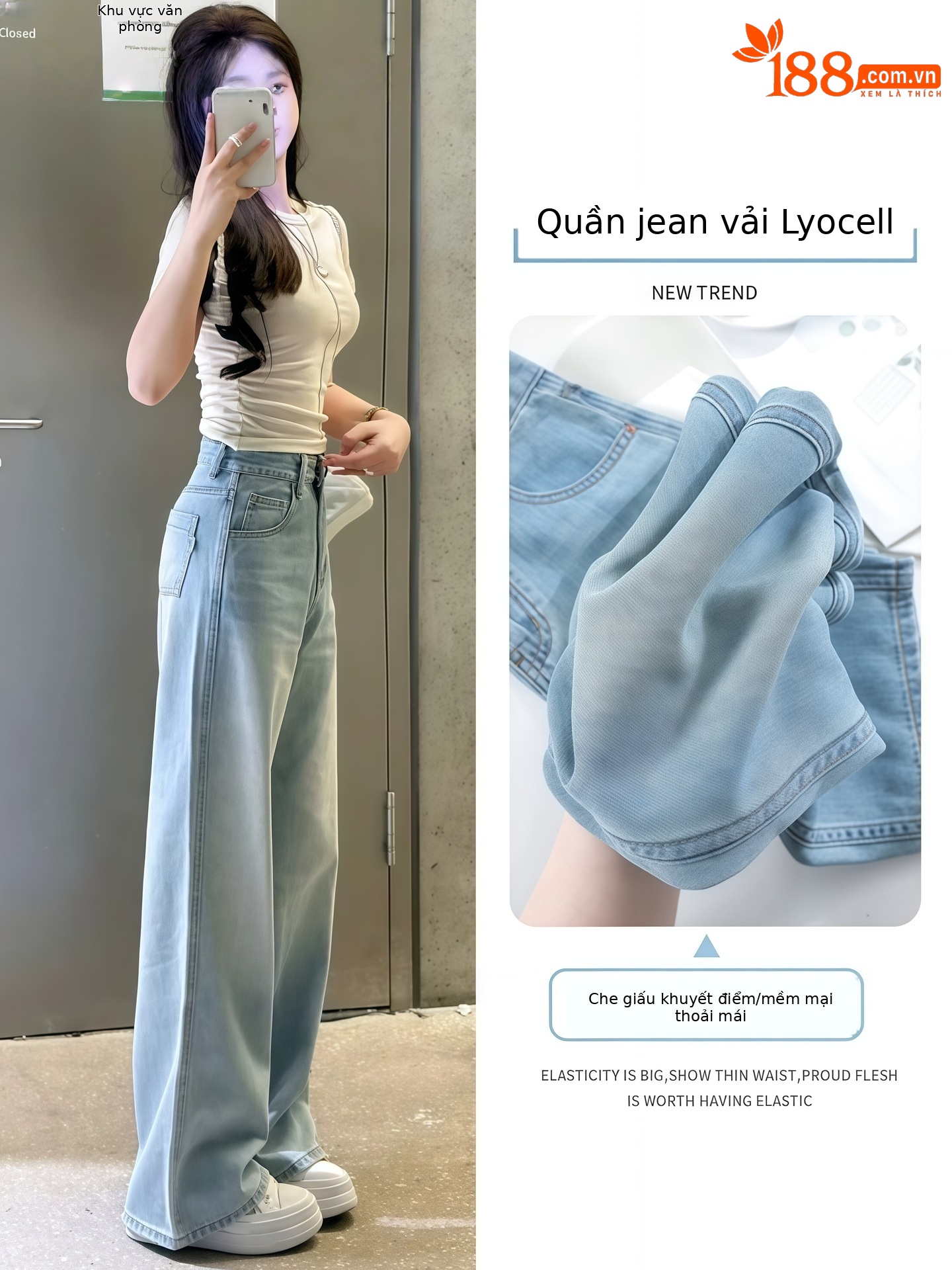 Quần jean Tencel ống rộng cạp cao dáng suông dài chạm đất — Quần dài xanh lam cổ điển