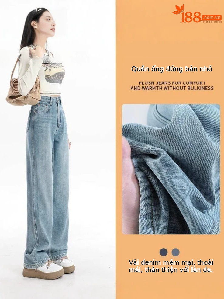Quần jean Tencel ống rộng cạp cao dáng suông dài chạm đất — Quần dài xanh lam cổ điển