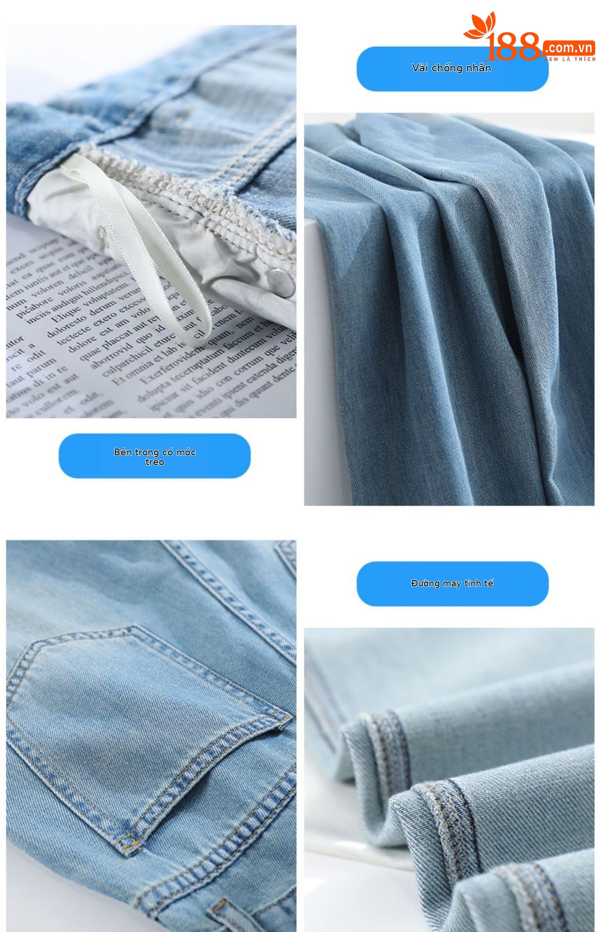 Quần jean Tencel ống rộng cạp cao dáng suông dài chạm đất — Quần dài xanh lam cổ điển chi tiết 10