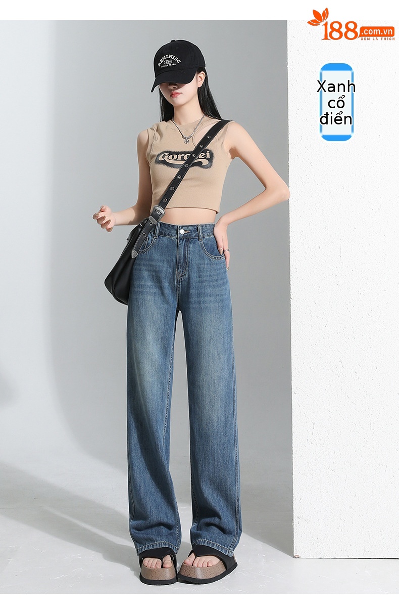 Quần jean Tencel ống rộng cạp cao dáng suông dài chạm đất — Quần dài xanh lam cổ điển chi tiết 18