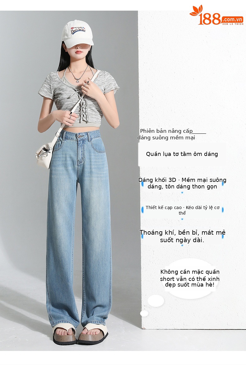 Quần jean Tencel ống rộng cạp cao dáng suông dài chạm đất — Quần dài xanh lam cổ điển chi tiết 4