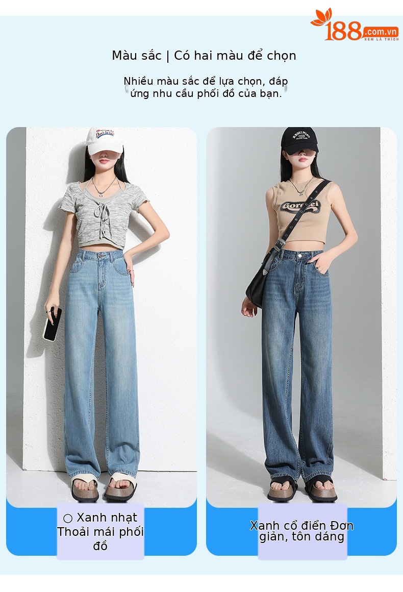 Quần jean Tencel ống rộng cạp cao dáng suông dài chạm đất — Quần dài xanh lam cổ điển chi tiết 5