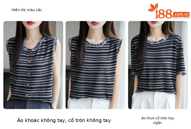 Áo thun nữ tay ngắn kẻ sọc cổ tròn, chất liệu dệt kim lụa băng mát mẻ, form rộng thoải mái — Cộc tay cổ tròn chi tiết 6