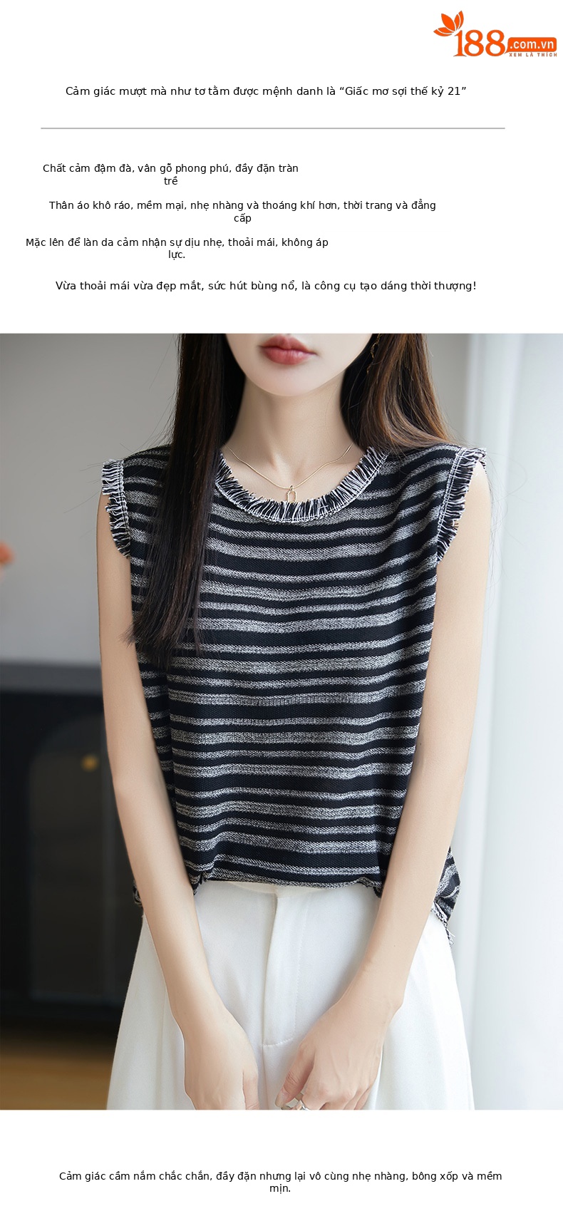 Áo thun nữ tay ngắn kẻ sọc cổ tròn, chất liệu dệt kim lụa băng mát mẻ, form rộng thoải mái — Cộc tay cổ tròn chi tiết 4