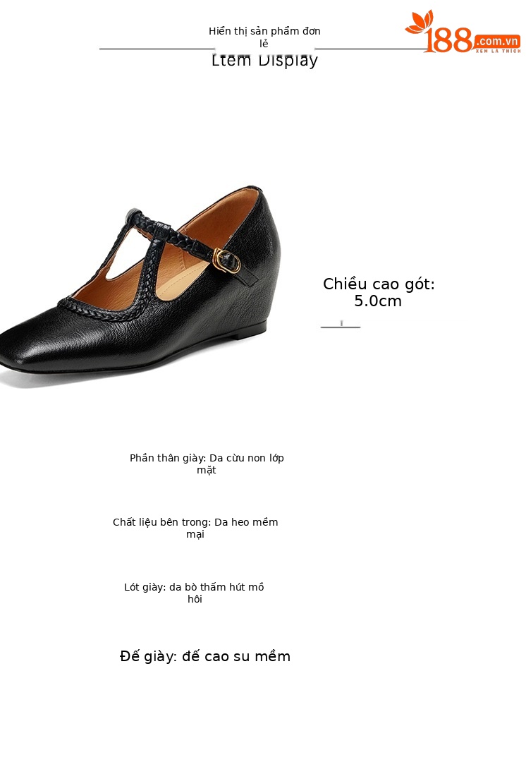 Giày Mary Jane nữ quai chữ T đan, mũi vuông, đế bằng da cừu siêu mềm — Màu đen, Màu đậu chi tiết 3
