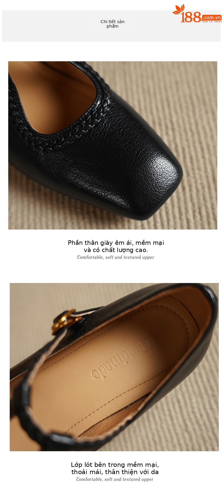 Giày Mary Jane nữ quai chữ T đan, mũi vuông, đế bằng da cừu siêu mềm — Màu đen, Màu đậu chi tiết 13