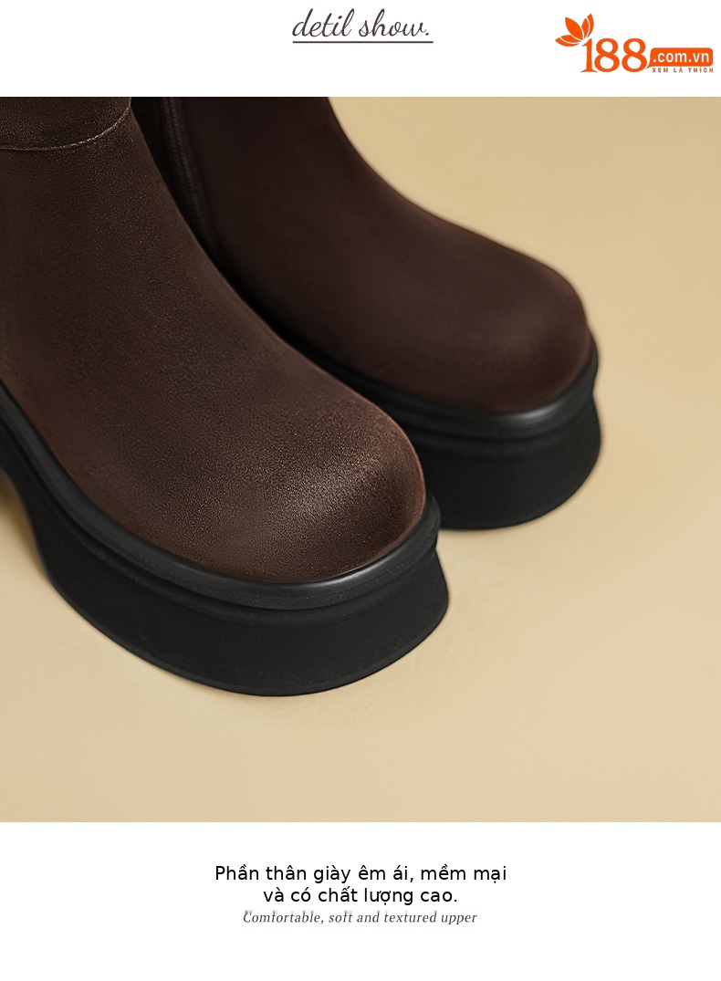 Boot nữ cổ thấp đế platform da lộn gót vuông 9 cm hoa sơn trà kim loại — màu đen, màu cà phê chi tiết 10