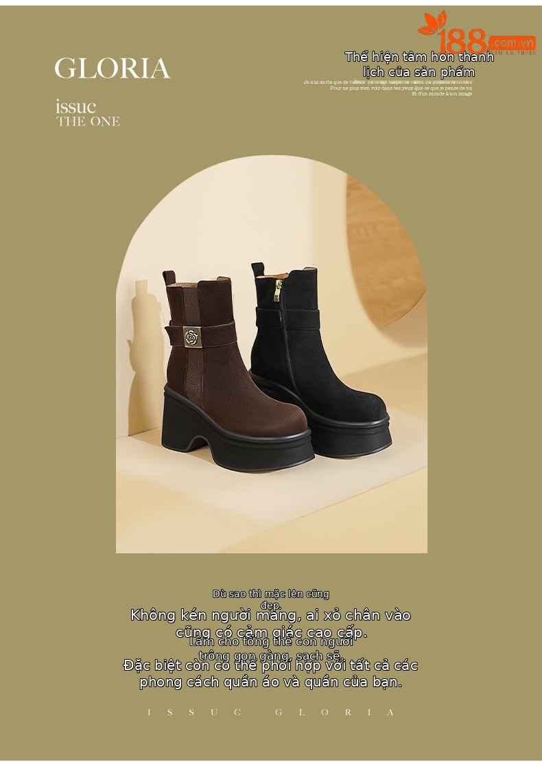 Boot nữ cổ thấp đế platform da lộn gót vuông 9 cm hoa sơn trà kim loại — màu đen, màu cà phê chi tiết 2