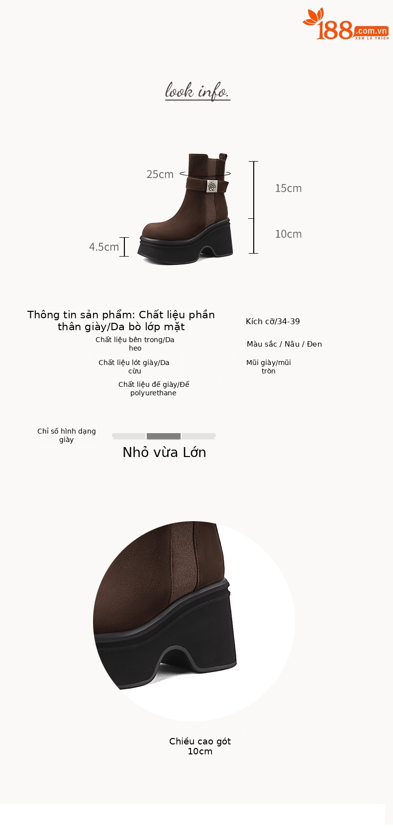 Boot nữ cổ thấp đế platform da lộn gót vuông 9 cm hoa sơn trà kim loại — màu đen, màu cà phê chi tiết 3