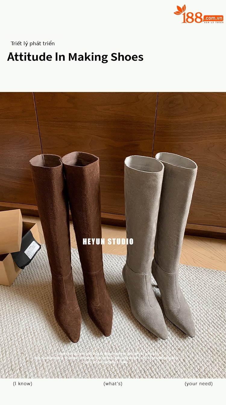 Boot nữ cổ cao mũi nhọn gót nhọn ống rộng chất liệu da lộn cao gót — Lót lông nâu, Lót đơn xám, Lót lông xám, Bảng màu nâu chi tiết 1