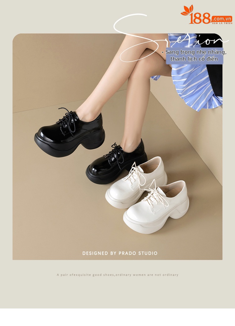 Giày loafer nữ đế xuồng platform cao 8 cm, dây buộc, da thật mùa thu 2025 — màu đen, màu trắng ngà chi tiết 2