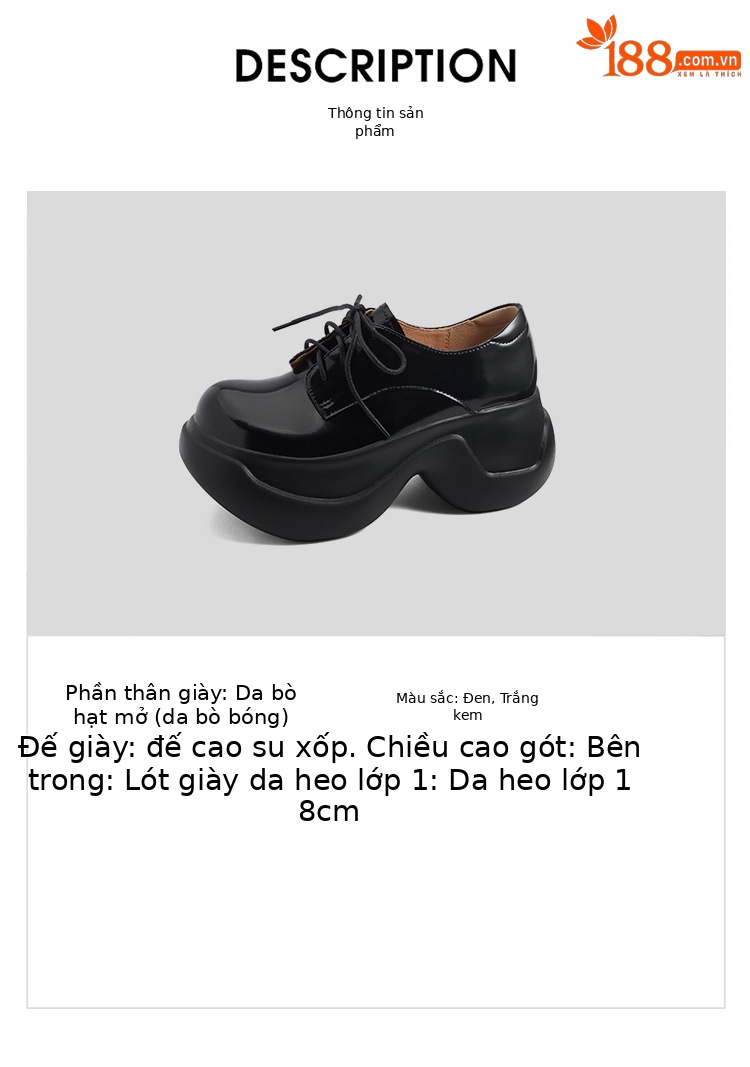 Giày loafer nữ đế xuồng platform cao 8 cm, dây buộc, da thật mùa thu 2025 — màu đen, màu trắng ngà chi tiết 3