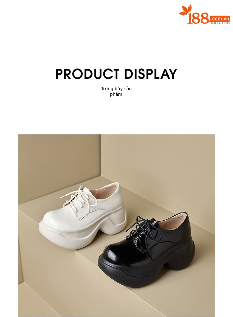 Giày loafer nữ đế xuồng platform cao 8 cm, dây buộc, da thật mùa thu 2025 — màu đen, màu trắng ngà chi tiết 21