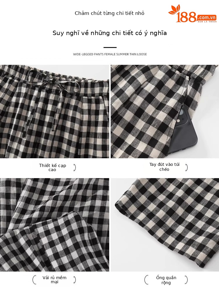 Quần ống thẳng kẻ sọc chín điểm dáng người nhỏ cotton mùa hè mỏng giản dị quần ống thẳng kẻ sọc tám điểm A5225 — Caro đen trắng