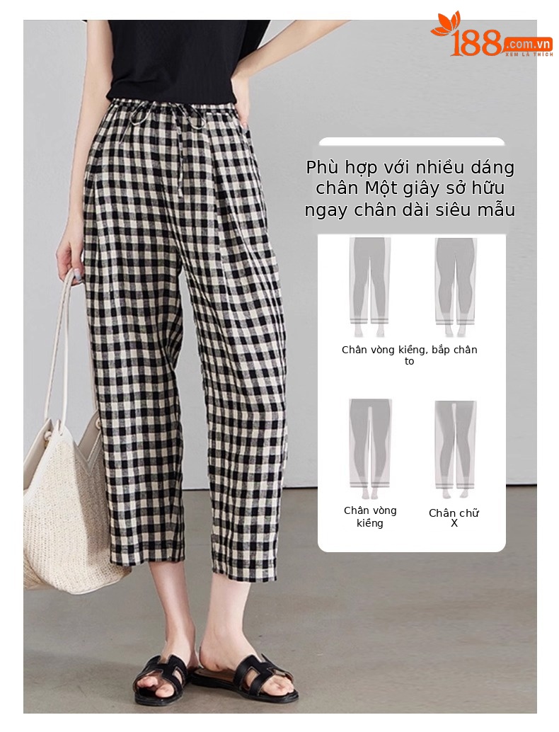 Quần ống thẳng kẻ sọc chín điểm dáng người nhỏ cotton mùa hè mỏng giản dị quần ống thẳng kẻ sọc tám điểm A5225 — Caro đen trắng chi tiết 7