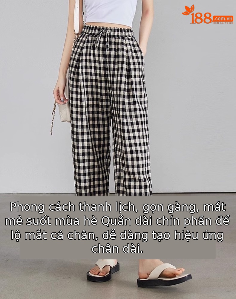 Quần ống thẳng kẻ sọc chín điểm dáng người nhỏ cotton mùa hè mỏng giản dị quần ống thẳng kẻ sọc tám điểm A5225 — Caro đen trắng chi tiết 9