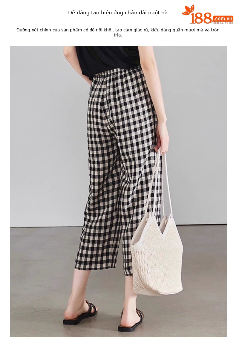 Quần ống thẳng kẻ sọc chín điểm dáng người nhỏ cotton mùa hè mỏng giản dị quần ống thẳng kẻ sọc tám điểm A5225 — Caro đen trắng chi tiết 10