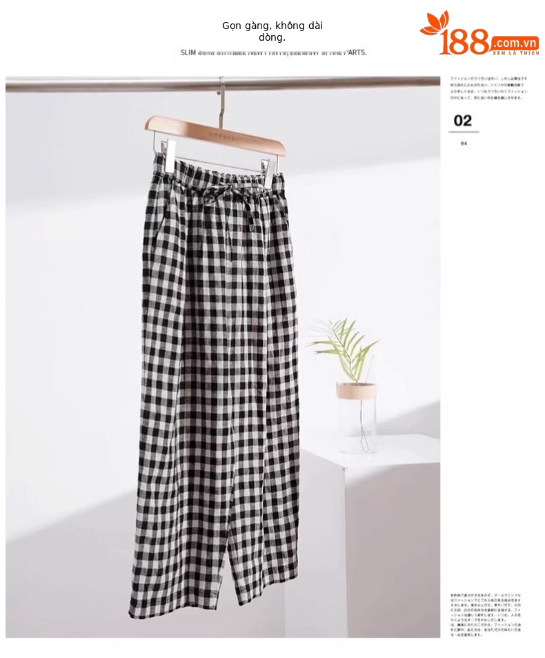 Quần ống thẳng kẻ sọc chín điểm dáng người nhỏ cotton mùa hè mỏng giản dị quần ống thẳng kẻ sọc tám điểm A5225 — Caro đen trắng chi tiết 18
