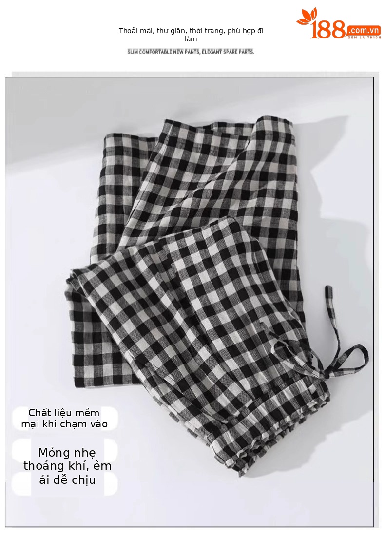 Quần ống thẳng kẻ sọc chín điểm dáng người nhỏ cotton mùa hè mỏng giản dị quần ống thẳng kẻ sọc tám điểm A5225 — Caro đen trắng chi tiết 19