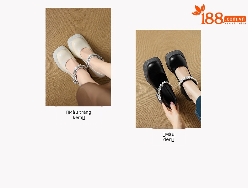 Giày Mary Jane cao gót nữ mũi vuông đính đá quai ngang đế dày platform gót thô 9 cm — Màu đen, Màu trắng be chi tiết 4