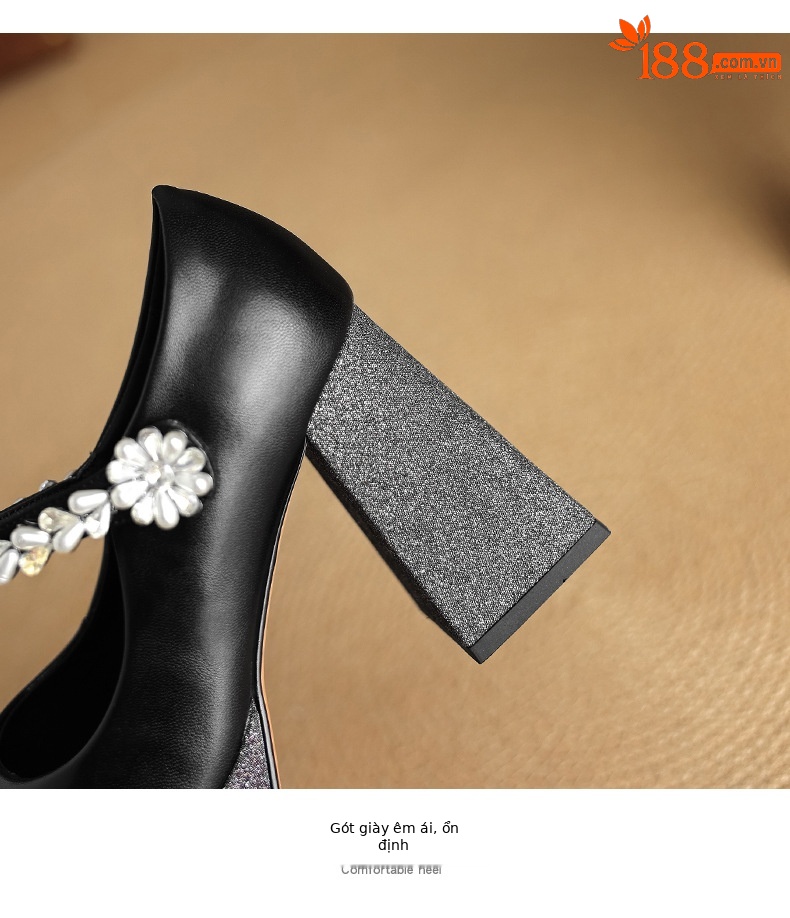 Giày Mary Jane cao gót nữ mũi vuông đính đá quai ngang đế dày platform gót thô 9 cm — Màu đen, Màu trắng be chi tiết 8