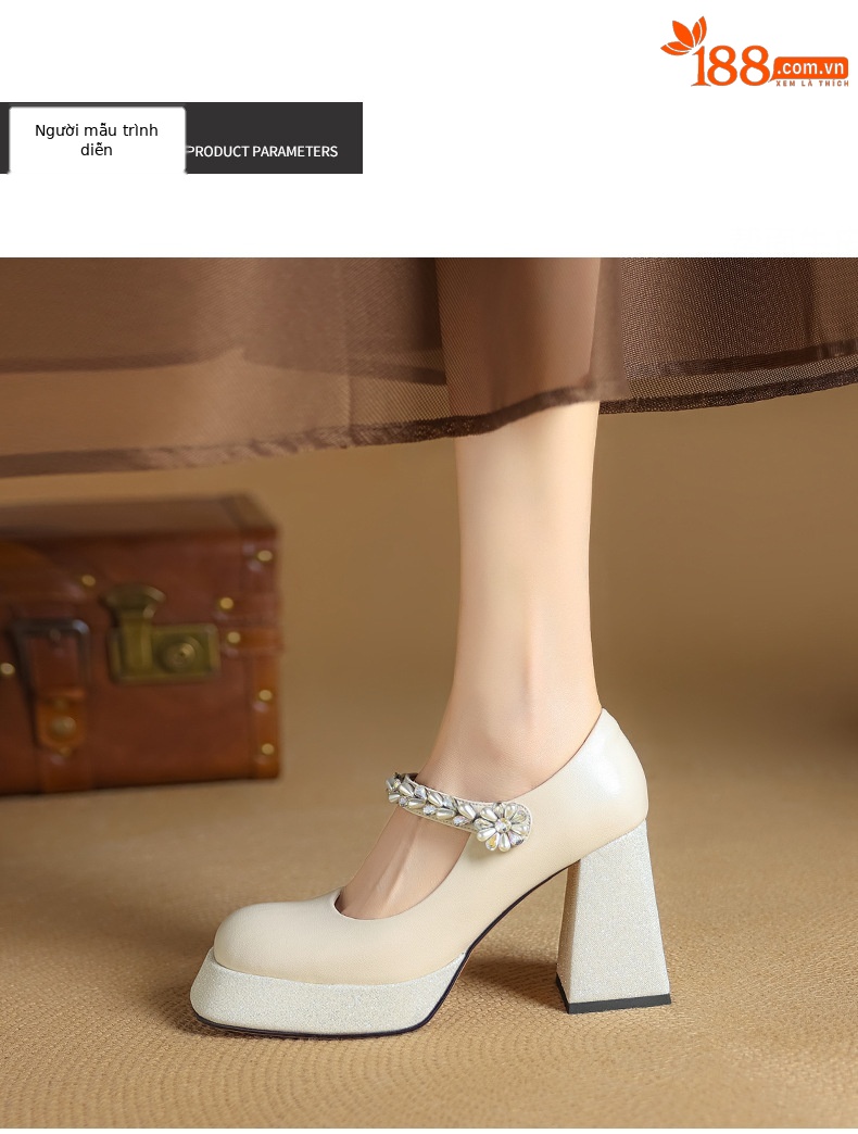Giày Mary Jane cao gót nữ mũi vuông đính đá quai ngang đế dày platform gót thô 9 cm — Màu đen, Màu trắng be chi tiết 10