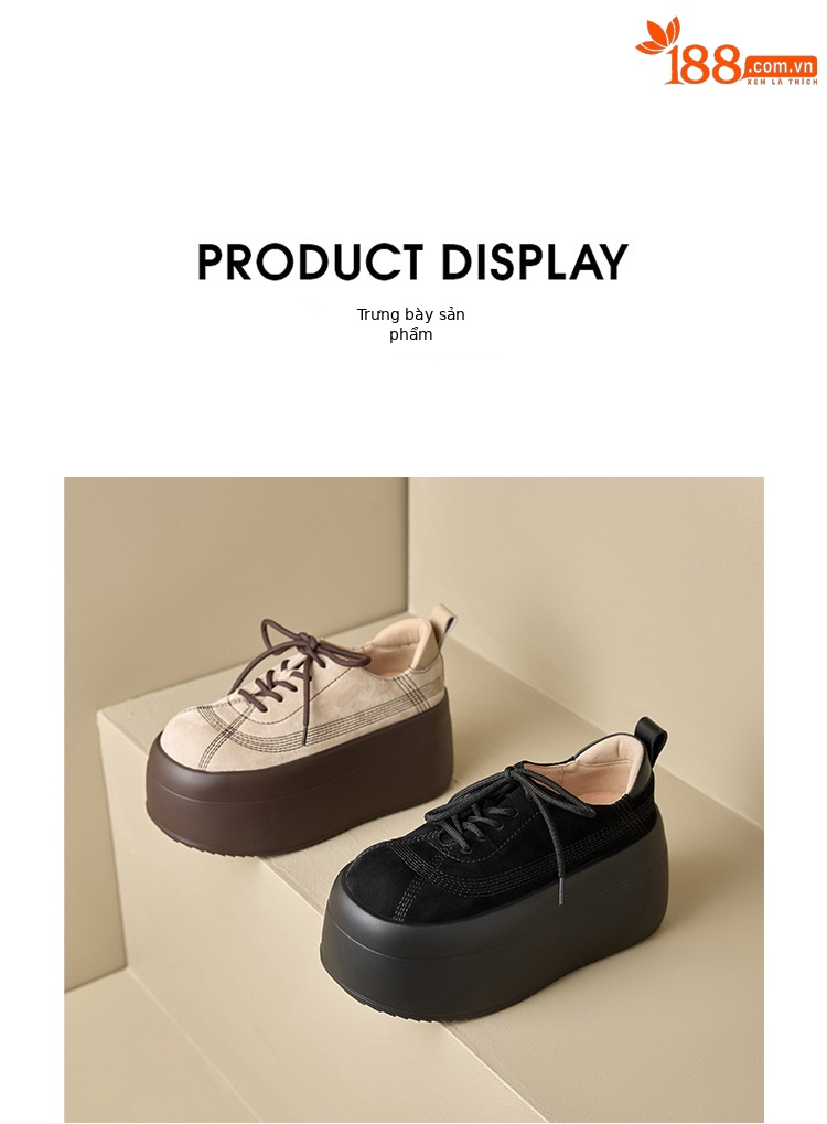 Giày sneaker nữ chunky đế dày mũi tròn phối màu dây buộc cổ thấp thu đông da thật — màu đen, màu mơ chi tiết 18