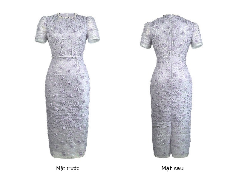 Đầm ren ôm body nữ cổ tròn tay bồng cao eo 2025 — [Trắng hồng], [Tím] chi tiết 6