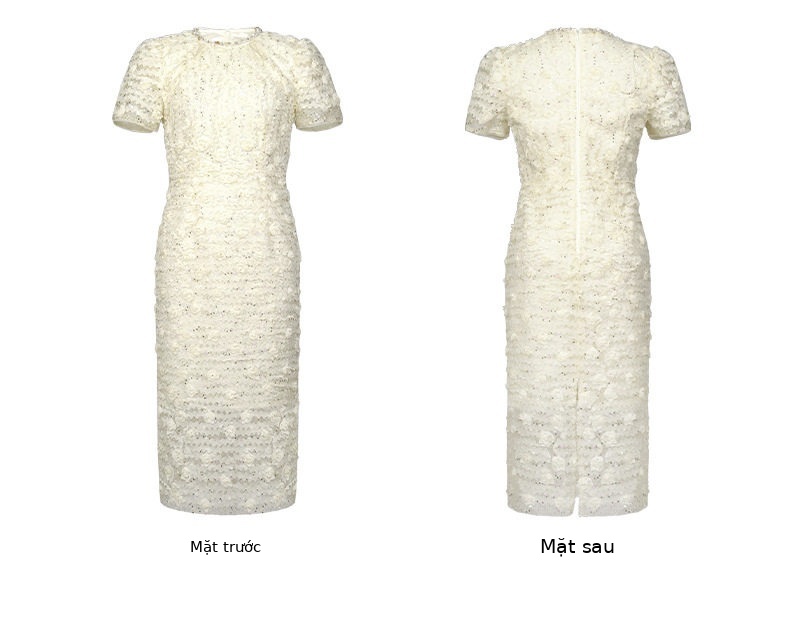 Đầm ren ôm body nữ cổ tròn tay bồng cao eo 2025 — [Trắng hồng], [Tím] chi tiết 7