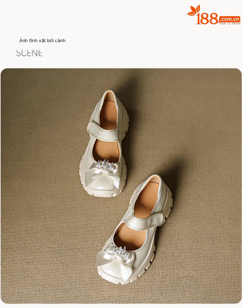 Giày Mary Jane nữ đế dày platform gót bánh mì, mũi tròn, quai ngang có khóa, nơ đính đá — màu đen, màu trắng ngà chi tiết 19