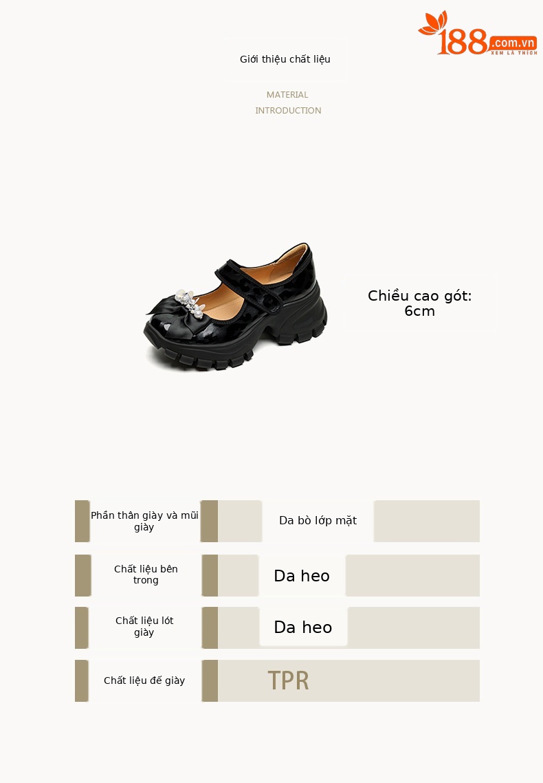 Giày Mary Jane nữ đế dày platform gót bánh mì, mũi tròn, quai ngang có khóa, nơ đính đá — màu đen, màu trắng ngà chi tiết 3