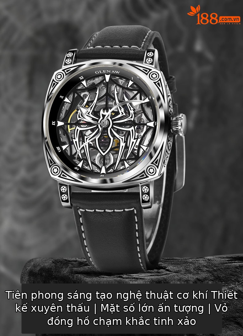 Đồng hồ nam Automatic Skeleton lộ máy chống nước mặt số nhện phát quang dây da thật chi tiết 1
