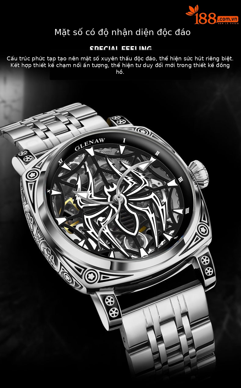 Đồng hồ nam Automatic Skeleton lộ máy chống nước mặt số nhện phát quang dây da thật chi tiết 3