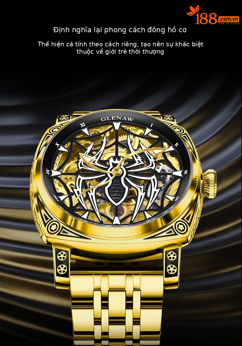 Đồng hồ nam Automatic Skeleton lộ máy chống nước mặt số nhện phát quang dây da thật chi tiết 4