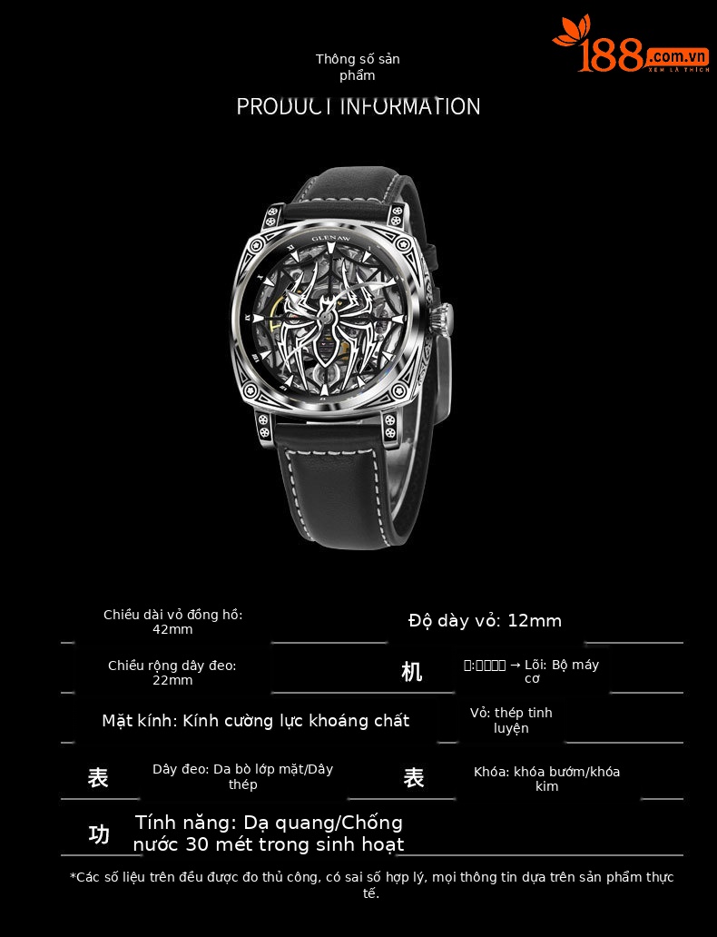 Đồng hồ nam Automatic Skeleton lộ máy chống nước mặt số nhện phát quang dây da thật chi tiết 5