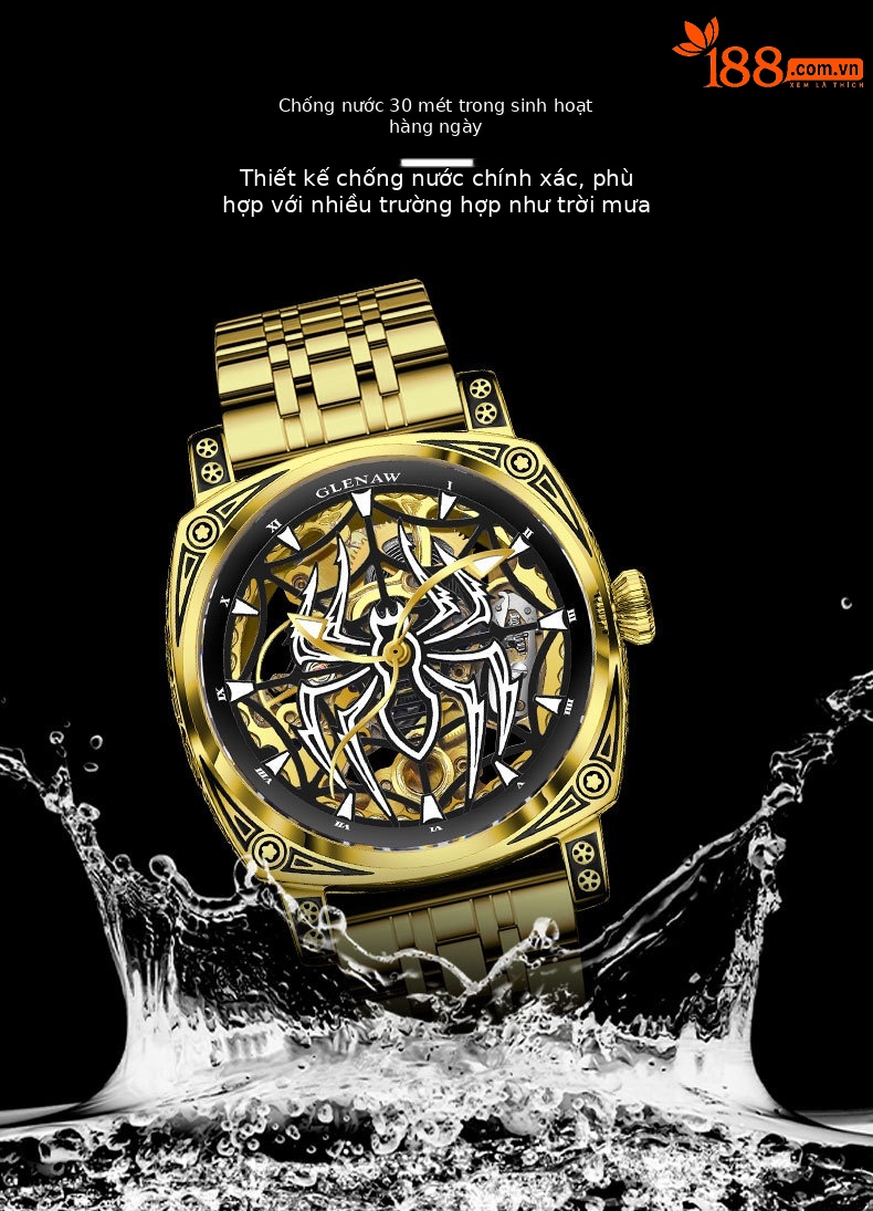 Đồng hồ nam Automatic Skeleton lộ máy chống nước mặt số nhện phát quang dây da thật chi tiết 6