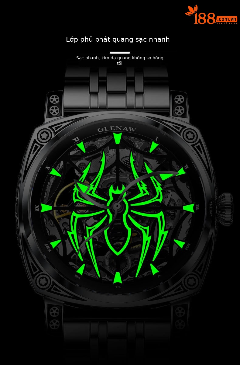 Đồng hồ nam Automatic Skeleton lộ máy chống nước mặt số nhện phát quang dây da thật chi tiết 7