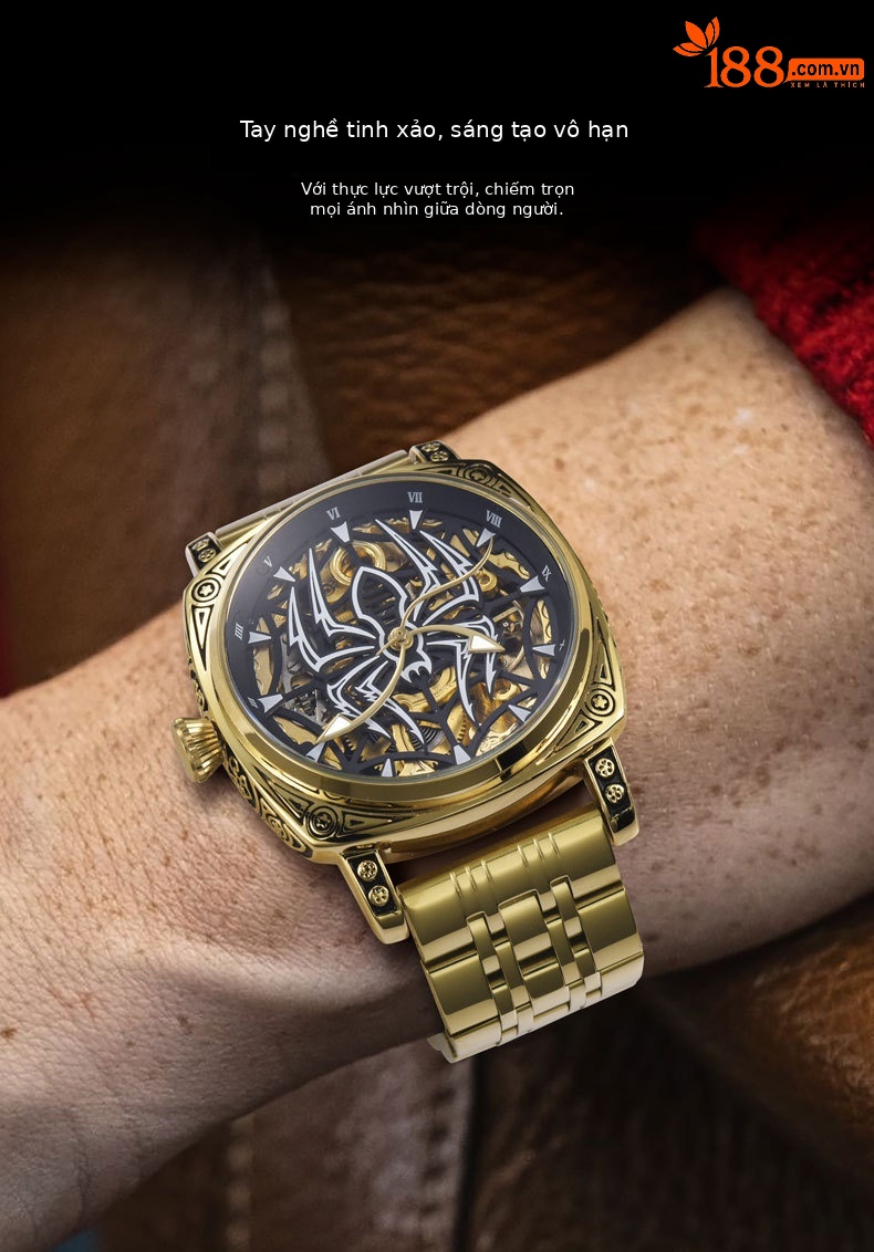 Đồng hồ nam Automatic Skeleton lộ máy chống nước mặt số nhện phát quang dây da thật chi tiết 8